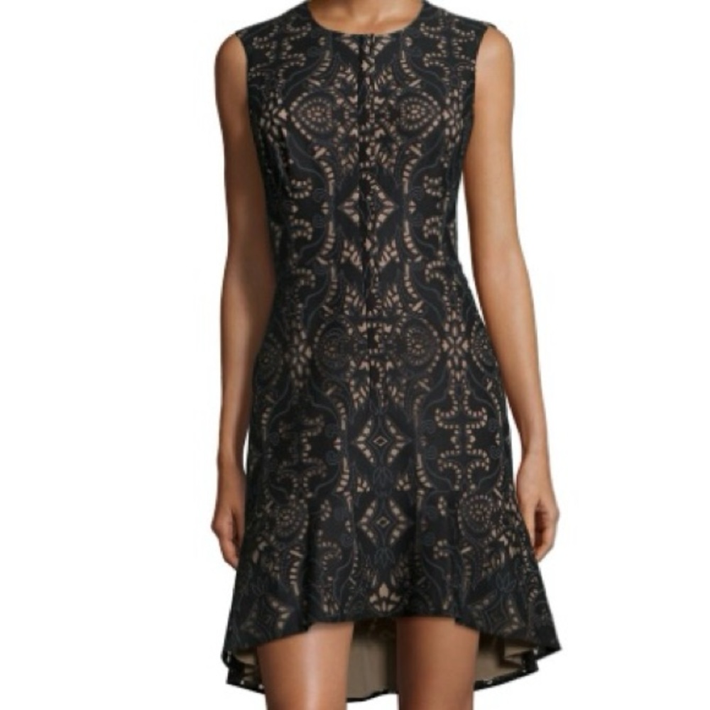 BCBGMaxAzria size 6 Black and Tan High Low Dress. Zip front with pockets